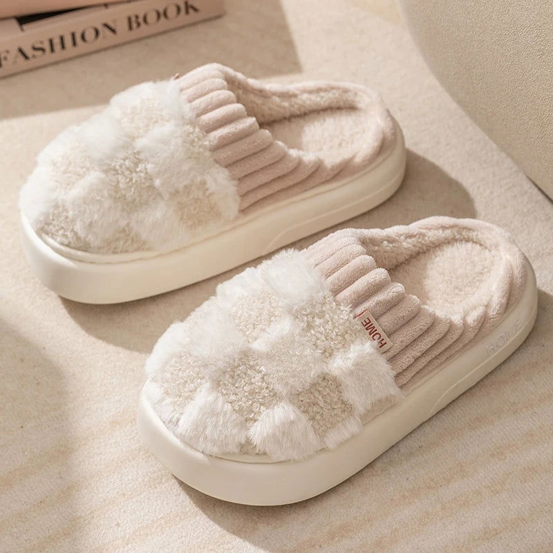 Fashion Couple Winter Toe Wrap Warm Plaid Cotton Slippers Thick Soft Sole Slides Men Women Indoor Floor Flat Home Non-slip Shoes - Slobuy