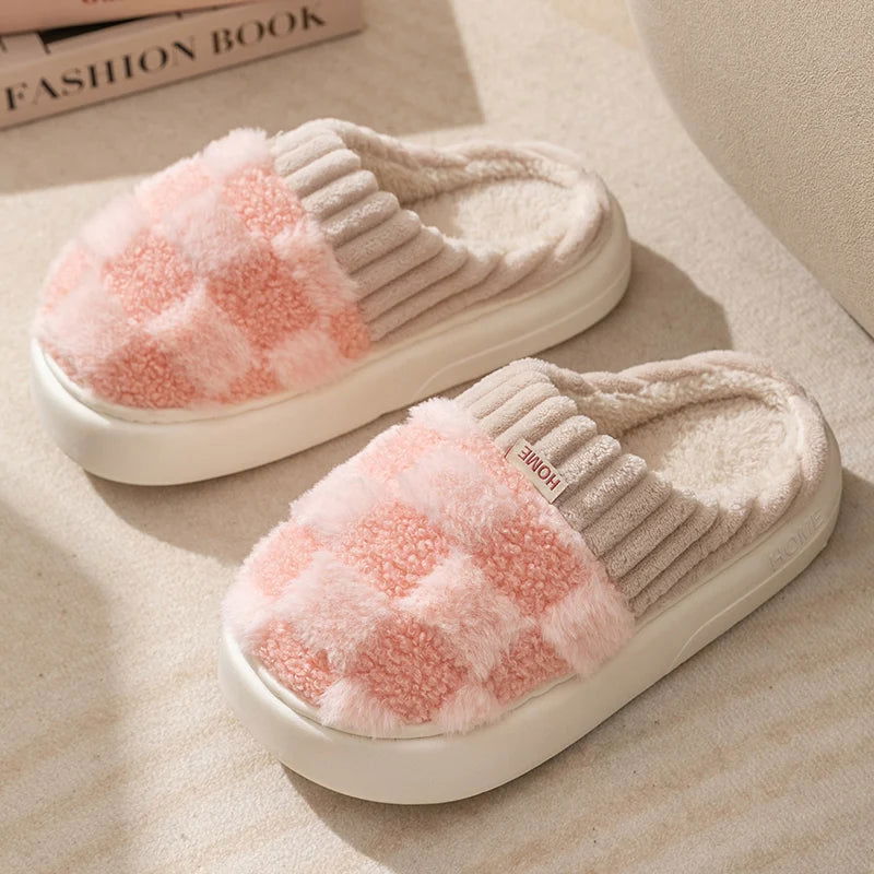 Fashion Couple Winter Toe Wrap Warm Plaid Cotton Slippers Thick Soft Sole Slides Men Women Indoor Floor Flat Home Non-slip Shoes - Slobuy
