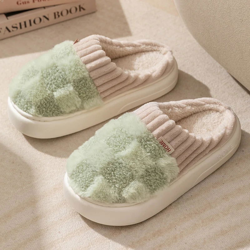 Fashion Couple Winter Toe Wrap Warm Plaid Cotton Slippers Thick Soft Sole Slides Men Women Indoor Floor Flat Home Non-slip Shoes - Slobuy