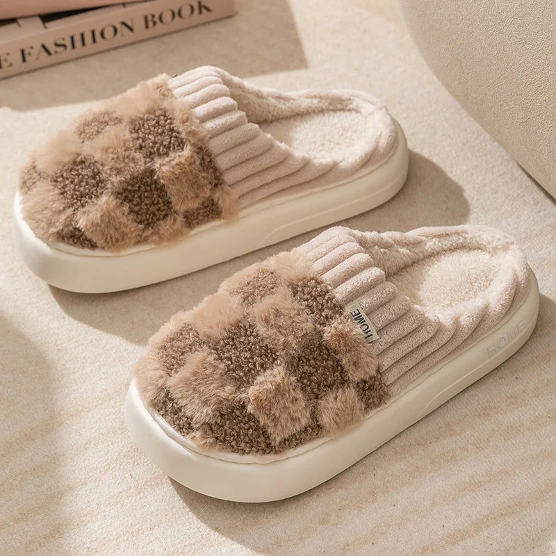 Fashion Couple Winter Toe Wrap Warm Plaid Cotton Slippers Thick Soft Sole Slides Men Women Indoor Floor Flat Home Non-slip Shoes - Slobuy