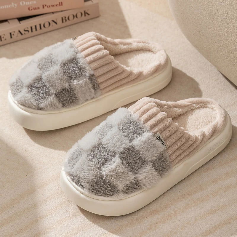 Fashion Couple Winter Toe Wrap Warm Plaid Cotton Slippers Thick Soft Sole Slides Men Women Indoor Floor Flat Home Non-slip Shoes - Slobuy