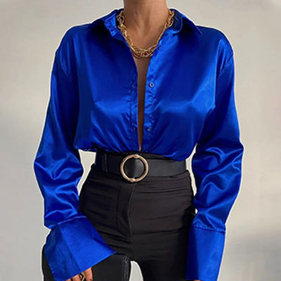 Fashion Elegant Satin Blouse Long Sleeve Solid Color Silk Shirt Casual Blue Tops Vintage Office Women Clothes Blusas Mujer 22717 - Slobuy