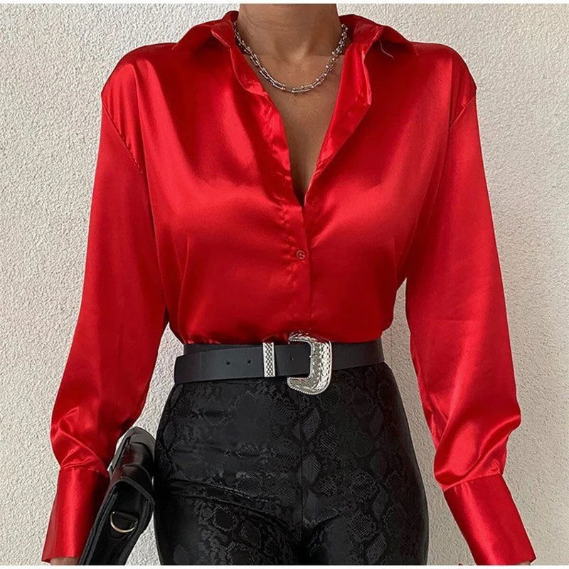Fashion Elegant Satin Blouse Long Sleeve Solid Color Silk Shirt Casual Blue Tops Vintage Office Women Clothes Blusas Mujer 22717 - Slobuy