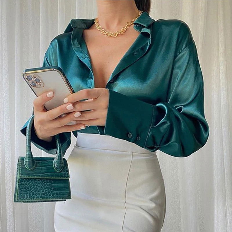 Fashion Elegant Satin Blouse Long Sleeve Solid Color Silk Shirt Casual Blue Tops Vintage Office Women Clothes Blusas Mujer 22717 - Slobuy