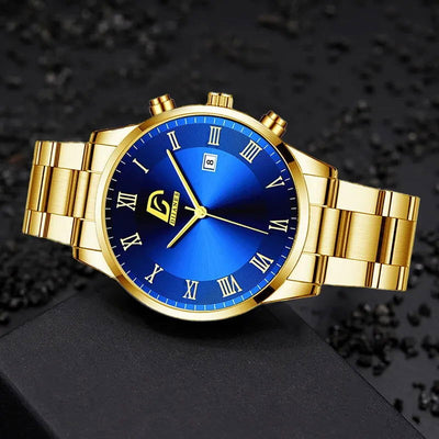 Fashion Mens Gold Stainless Steel Watches Luxury Minimalist Quartz Wrist Watch Men Business Casual Calendar Watch Reloj Hombre - Slobuy