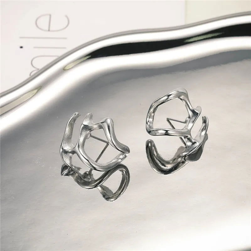 Fashion Punk Irregular Liquid Earrings Hip-Hop Personality Metal Hollow Earrings Clip Girls Party Jewelry Gifts Y2K Accessories - Slobuy