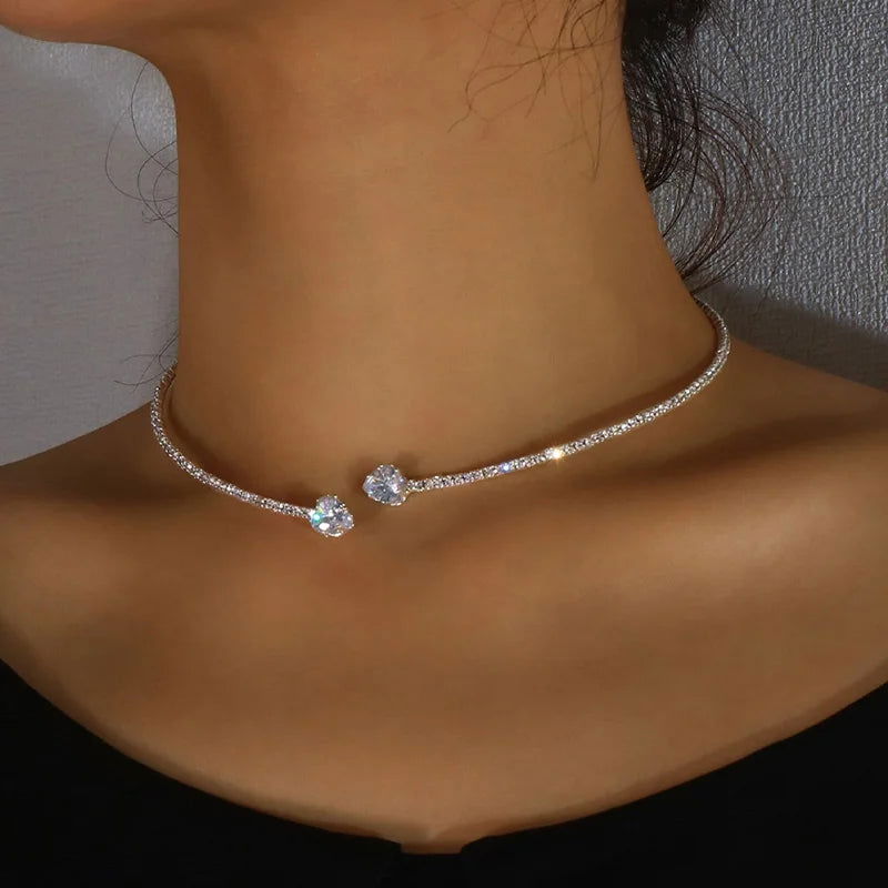 Fashion Rhinestone Heart Collar Choker Necklace for Women Simple Open Collar Necklace Torques Jewelry Accessories - Slobuy