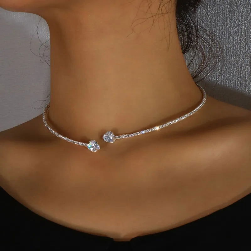 Fashion Rhinestone Heart Collar Choker Necklace for Women Simple Open Collar Necklace Torques Jewelry Accessories - Slobuy