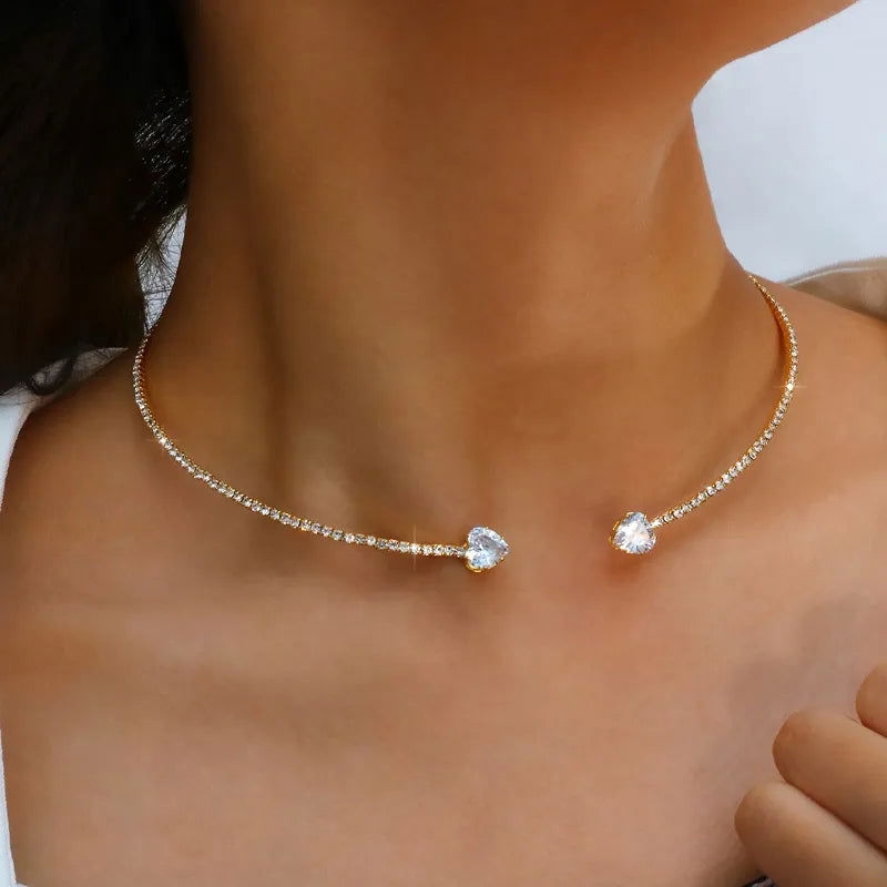 Fashion Rhinestone Heart Collar Choker Necklace for Women Simple Open Collar Necklace Torques Jewelry Accessories - Slobuy