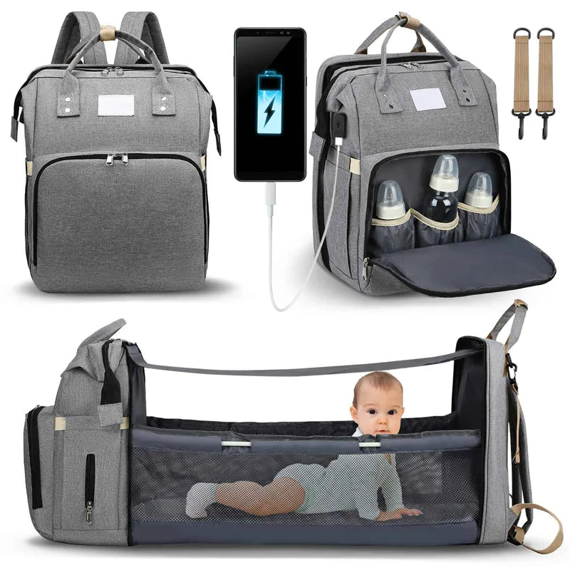 Fashionable Mommy Bag Folding Baby Bed Mother Large Capacity Portable Milk Bottle Diaper Double Shoulder Mom's Bag - Slobuy