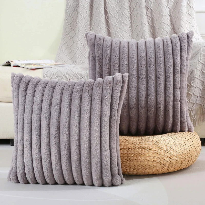 Faux Rabbit Fur Square Cushion Cover Big Thick Striped Super Soft Solid Color Pillow Cover 45x45cm Sofa Decor Cushion Cover - Slobuy