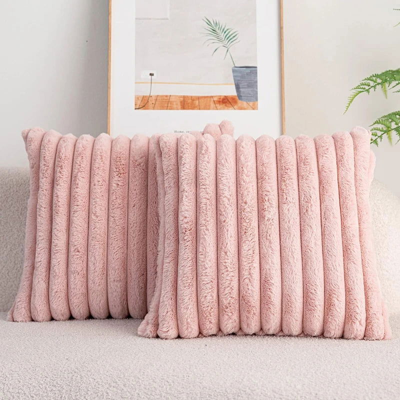 Faux Rabbit Fur Square Cushion Cover Big Thick Striped Super Soft Solid Color Pillow Cover 45x45cm Sofa Decor Cushion Cover - Slobuy