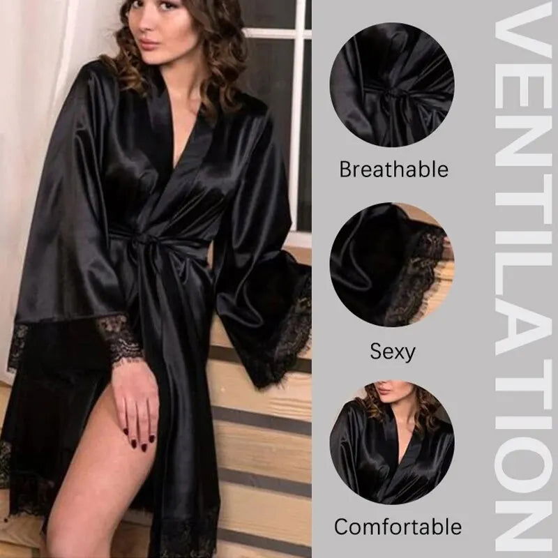 Female Sleepwear Lace Patchwork Long Bathrobes Ladies Nightgown Soft Silk Dressing Gown Bathrobe For Women - Slobuy