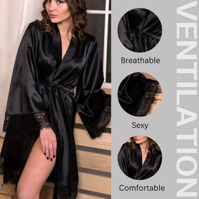 Female Sleepwear Lace Patchwork Long Bathrobes Ladies Nightgown Soft Silk Dressing Gown Bathrobe For Women - Slobuy