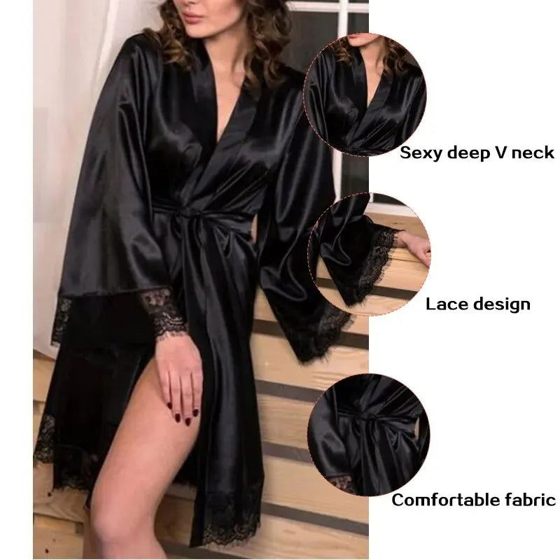 Female Sleepwear Lace Patchwork Long Bathrobes Ladies Nightgown Soft Silk Dressing Gown Bathrobe For Women - Slobuy