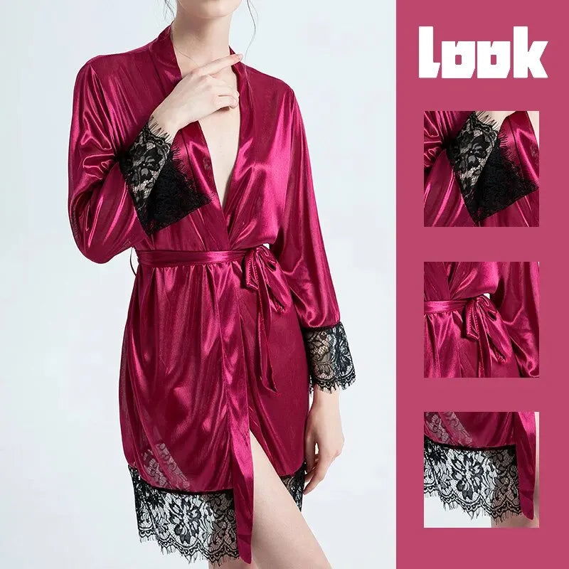 Female Sleepwear Lace Patchwork Long Bathrobes Ladies Nightgown Soft Silk Dressing Gown Bathrobe For Women - Slobuy