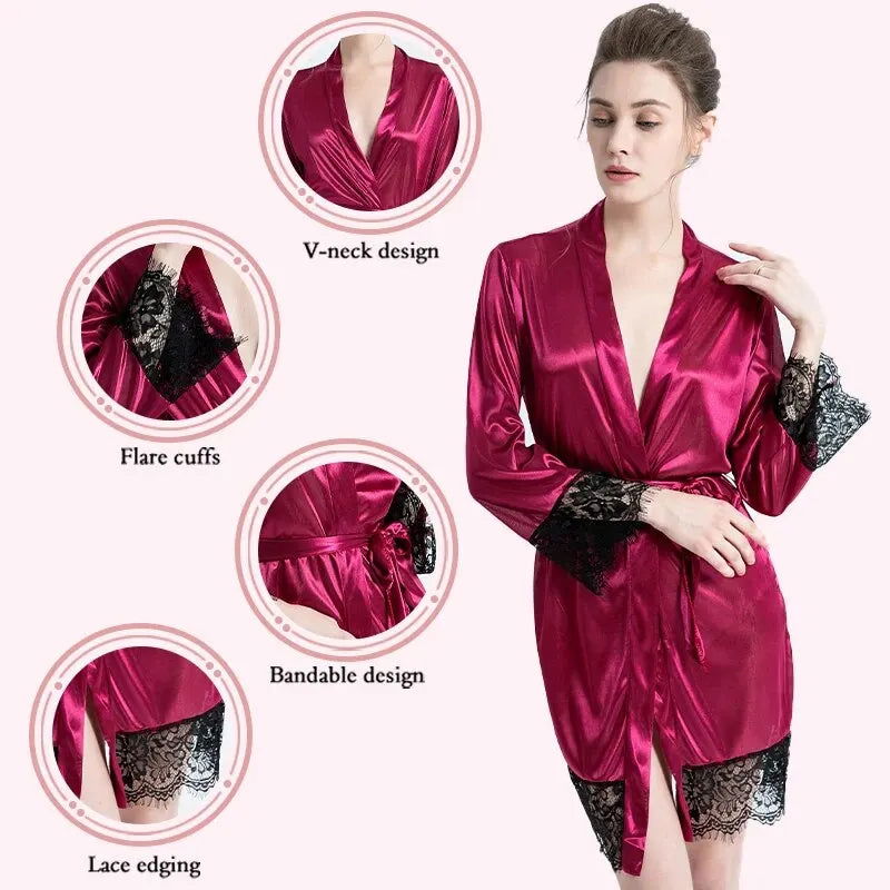 Female Sleepwear Lace Patchwork Long Bathrobes Ladies Nightgown Soft Silk Dressing Gown Bathrobe For Women - Slobuy