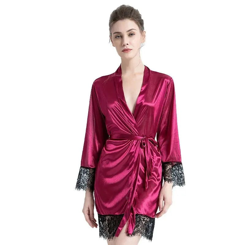 Female Sleepwear Lace Patchwork Long Bathrobes Ladies Nightgown Soft Silk Dressing Gown Bathrobe For Women - Slobuy