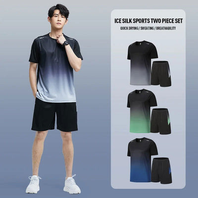 Fitness Clothes Men'S Ice Silk Quick-Dry Sportswear Set Summer Short-Sleeved T-Shirt Morning Running Basketball Training Room Sh - Slobuy