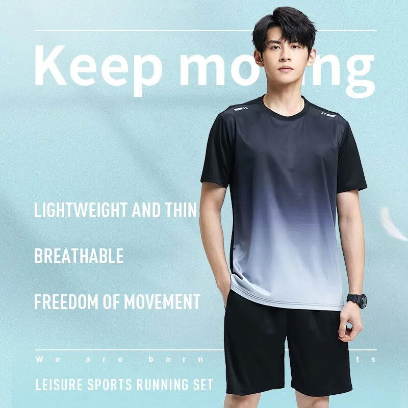 Fitness Clothes Men'S Ice Silk Quick-Dry Sportswear Set Summer Short-Sleeved T-Shirt Morning Running Basketball Training Room Sh - Slobuy