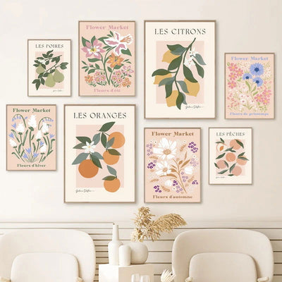 Flower Market Wall Art Canvas Painting Orange Peach Lemon Pear Nordic Poster Printed Picture Living Room Decorative Painting - Slobuy