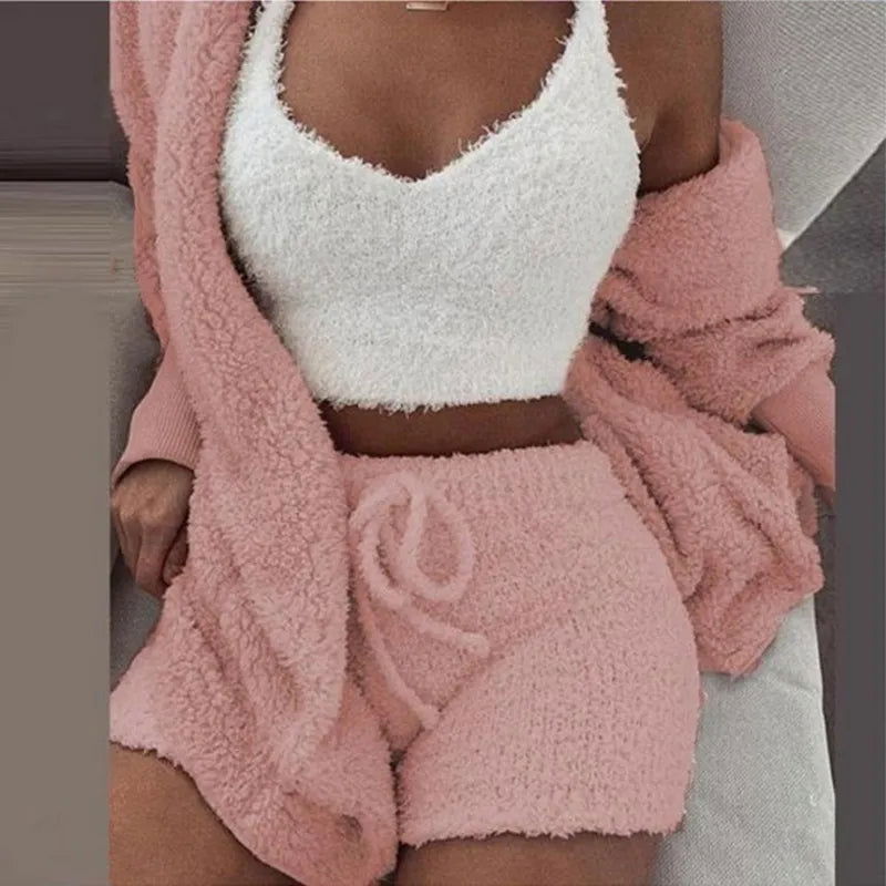 Fluffy Pajamas Set for Women Casual Sleepwear Tank Top and Shorts Plus Size Hoodie Leisure Homsuit Winter 3 Pieces Pijamas - Slobuy