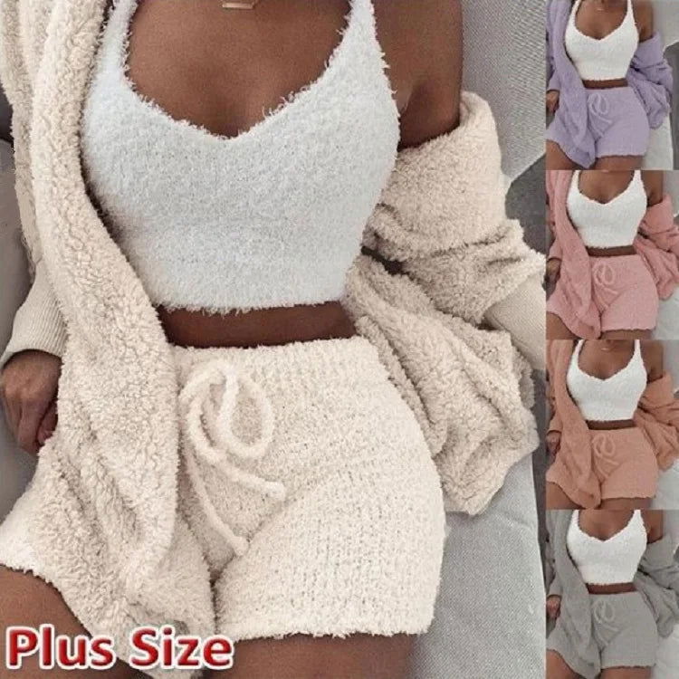 Fluffy Pajamas Set for Women Casual Sleepwear Tank Top and Shorts Plus Size Hoodie Leisure Homsuit Winter 3 Pieces Pijamas - Slobuy