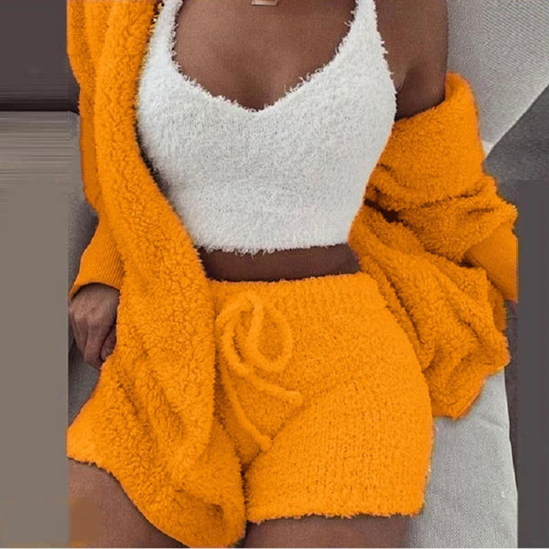 Fluffy Pajamas Set for Women Casual Sleepwear Tank Top and Shorts Plus Size Hoodie Leisure Homsuit Winter 3 Pieces Pijamas - Slobuy