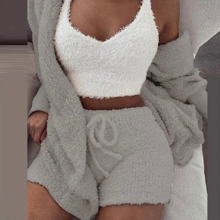Fluffy Pajamas Set for Women Casual Sleepwear Tank Top and Shorts Plus Size Hoodie Leisure Homsuit Winter 3 Pieces Pijamas - Slobuy