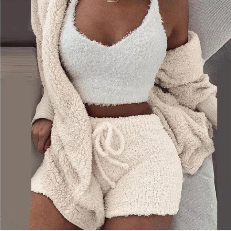 Fluffy Pajamas Set for Women Casual Sleepwear Tank Top and Shorts Plus Size Hoodie Leisure Homsuit Winter 3 Pieces Pijamas - Slobuy
