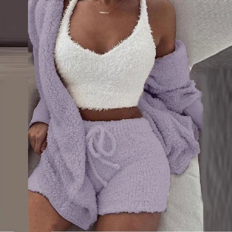 Fluffy Pajamas Set for Women Casual Sleepwear Tank Top and Shorts Plus Size Hoodie Leisure Homsuit Winter 3 Pieces Pijamas - Slobuy