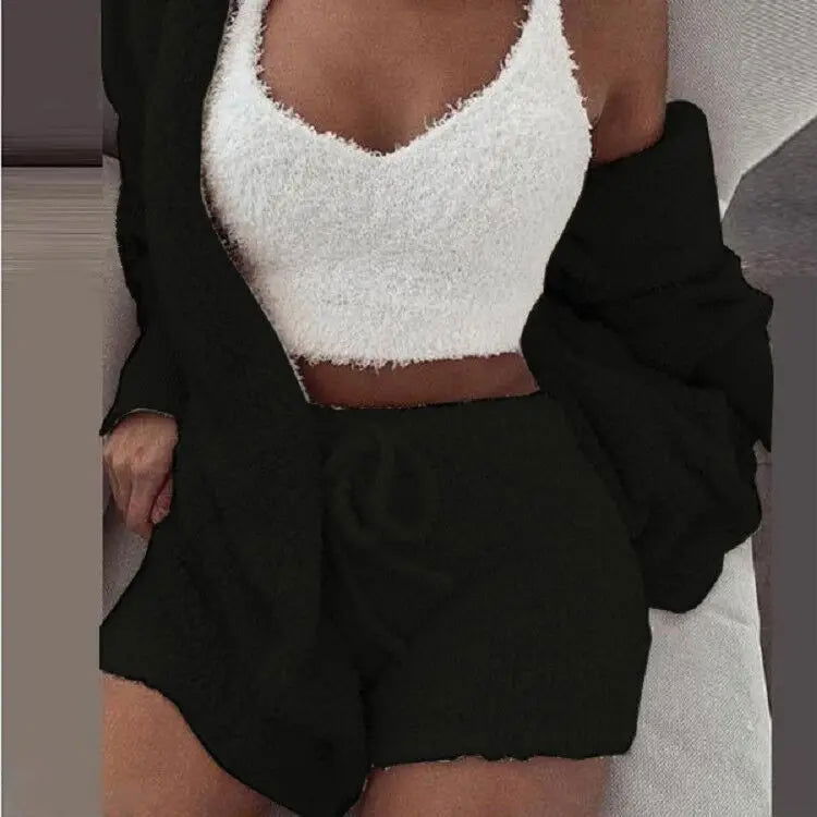 Fluffy Pajamas Set for Women Casual Sleepwear Tank Top and Shorts Plus Size Hoodie Leisure Homsuit Winter 3 Pieces Pijamas - Slobuy