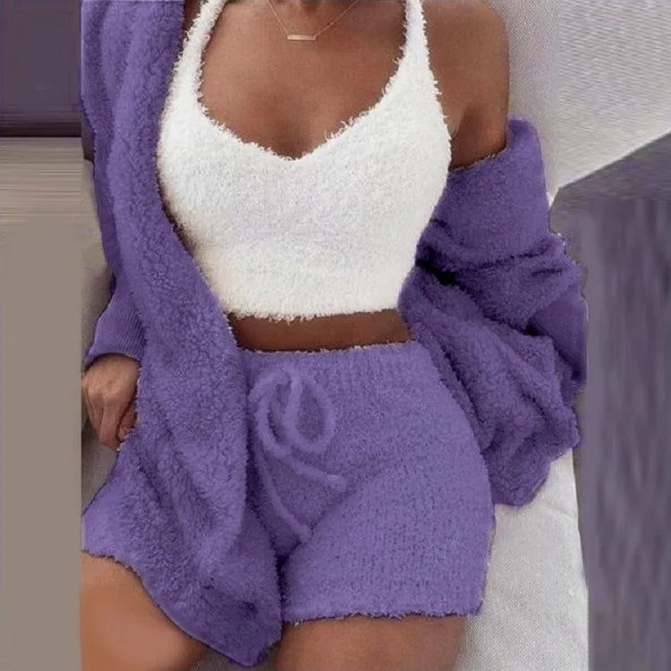 Fluffy Pajamas Set for Women Casual Sleepwear Tank Top and Shorts Plus Size Hoodie Leisure Homsuit Winter 3 Pieces Pijamas - Slobuy