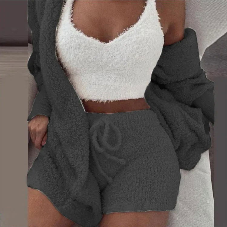 Fluffy Pajamas Set for Women Casual Sleepwear Tank Top and Shorts Plus Size Hoodie Leisure Homsuit Winter 3 Pieces Pijamas - Slobuy