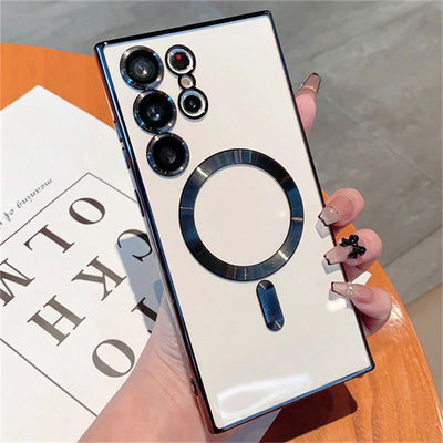 For Magsafe Luxury Magnetic Clear Phone Cases For Samsung Galaxy S23 Ultra S22 Plus Plating TPU Soft Case Lens Cover Accessories - Slobuy