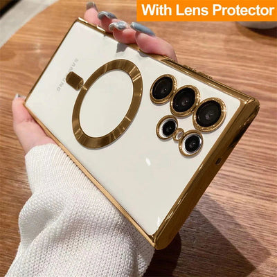 For Magsafe Luxury Magnetic Clear Phone Cases For Samsung Galaxy S23 Ultra S22 Plus Plating TPU Soft Case Lens Cover Accessories - Slobuy