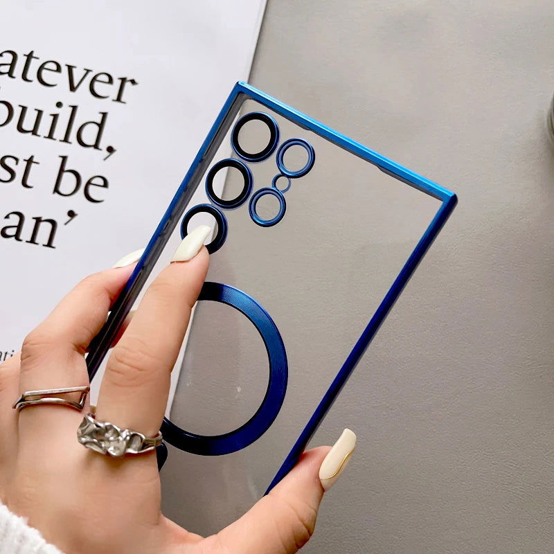 For Magsafe Luxury Magnetic Clear Phone Cases For Samsung Galaxy S23 Ultra S22 Plus Plating TPU Soft Case Lens Cover Accessories - Slobuy