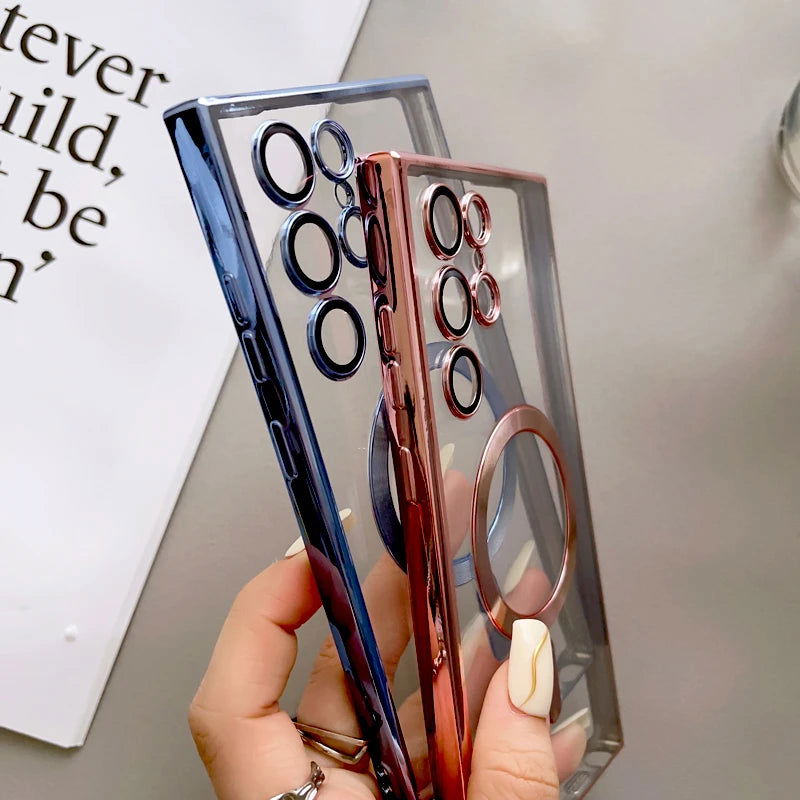 For Magsafe Luxury Magnetic Clear Phone Cases For Samsung Galaxy S23 Ultra S22 Plus Plating TPU Soft Case Lens Cover Accessories - Slobuy