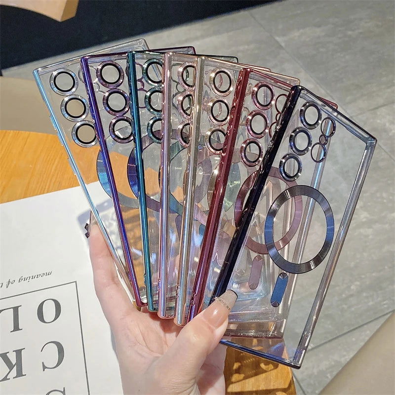 For Magsafe Luxury Magnetic Clear Phone Cases For Samsung Galaxy S23 Ultra S22 Plus Plating TPU Soft Case Lens Cover Accessories - Slobuy