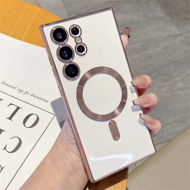 For Magsafe Luxury Magnetic Clear Phone Cases For Samsung Galaxy S23 Ultra S22 Plus Plating TPU Soft Case Lens Cover Accessories - Slobuy