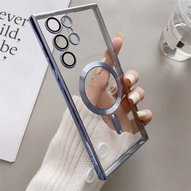 For Magsafe Luxury Magnetic Clear Phone Cases For Samsung Galaxy S23 Ultra S22 Plus Plating TPU Soft Case Lens Cover Accessories - Slobuy