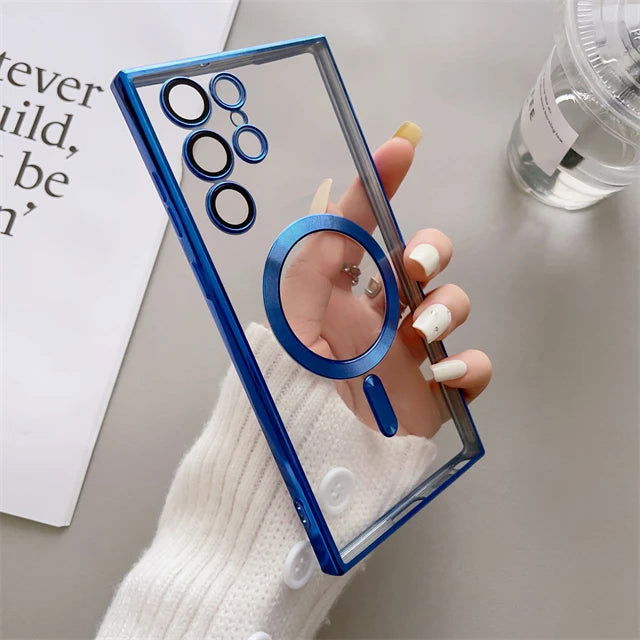 For Magsafe Luxury Magnetic Clear Phone Cases For Samsung Galaxy S23 Ultra S22 Plus Plating TPU Soft Case Lens Cover Accessories - Slobuy