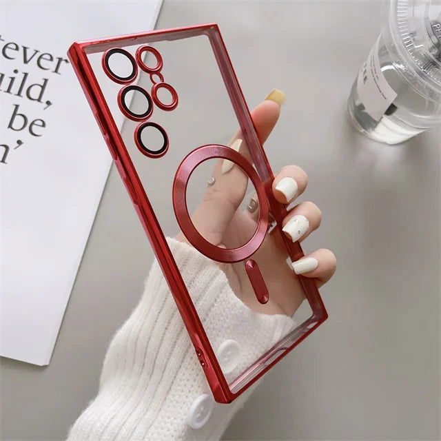 For Magsafe Luxury Magnetic Clear Phone Cases For Samsung Galaxy S23 Ultra S22 Plus Plating TPU Soft Case Lens Cover Accessories - Slobuy