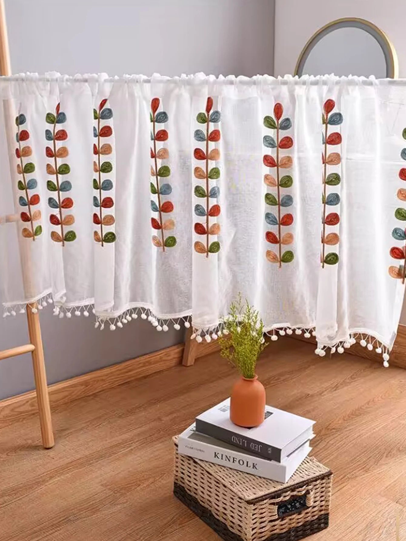 Four color branch Embroidered Semi Sheer Curtain Kitchen Tiers Half Window Sheer Curtains Rod Pocket Voile Drapes for Kitchen Ba - Slobuy
