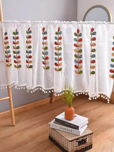 Four color branch Embroidered Semi Sheer Curtain Kitchen Tiers Half Window Sheer Curtains Rod Pocket Voile Drapes for Kitchen Ba - Slobuy
