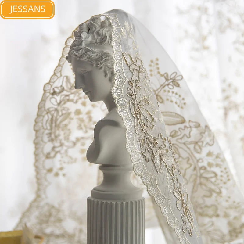French Light Luxury Princess Embroidery Hollow Blank Gauze Lace Screen Curtains for Living Room Bedroom Bay Window Customization - Slobuy