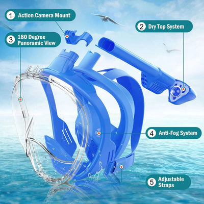Full Face Snorkel Mask with Detachable Camera Mount,Snorkeling Swimming Diving Mask Wide View Anti-Fog Anti-Leak for Adult Kids - Slobuy