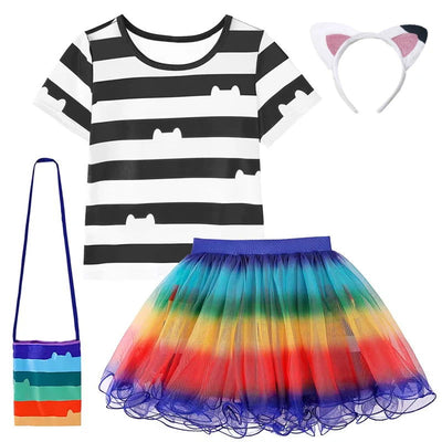 Gabby Dollhouse Cartoon Children Black And White Stripe T-Shirt+Skirt+Bag Sets Kids Carnival Gabby Cats Costume Party Outfits 8Y - Slobuy