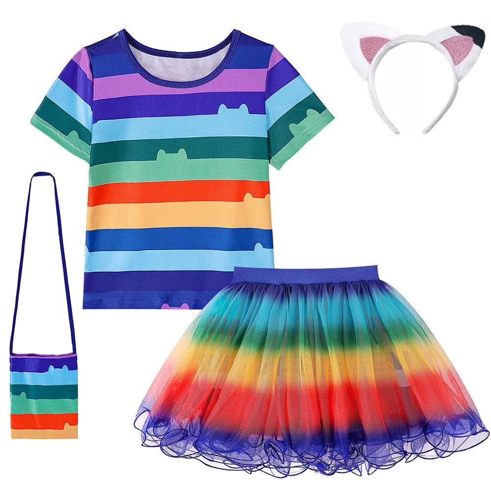 Gabby Dollhouse Cartoon Children Black And White Stripe T-Shirt+Skirt+Bag Sets Kids Carnival Gabby Cats Costume Party Outfits 8Y - Slobuy