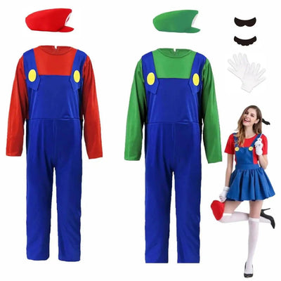 Game Boys Plumber Bros Cosplay Costumes Funny Halloween Carnival Outfits for Kids Adult Fancy Jumpsuit with Hat Mustache Gloves - Slobuy